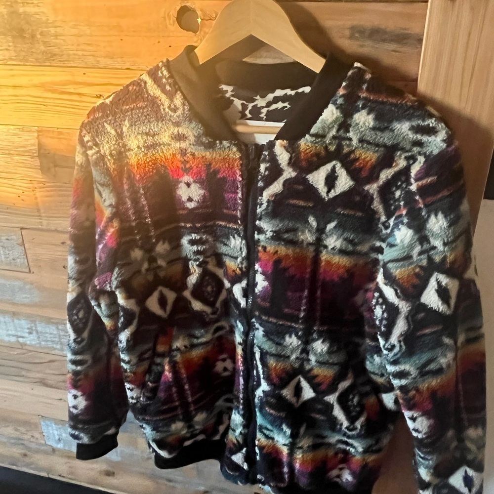 NWT Colorful Reversible Crazy Train Patterned Fleece Jacket - Picture 2 of 5